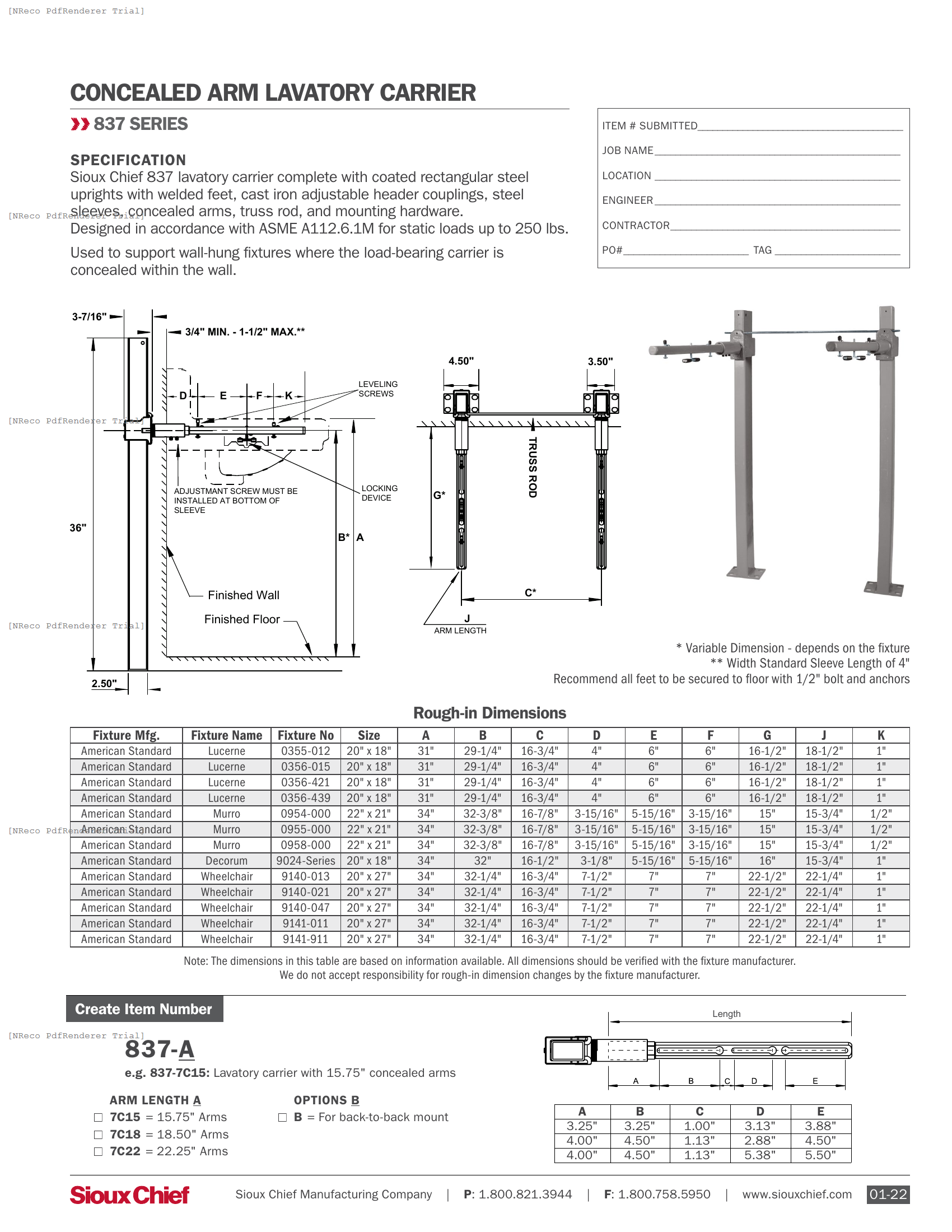 837 SERIES - CONCEALED ARM LAV CARRIER - SPEC SHEET.PDF Specification Document